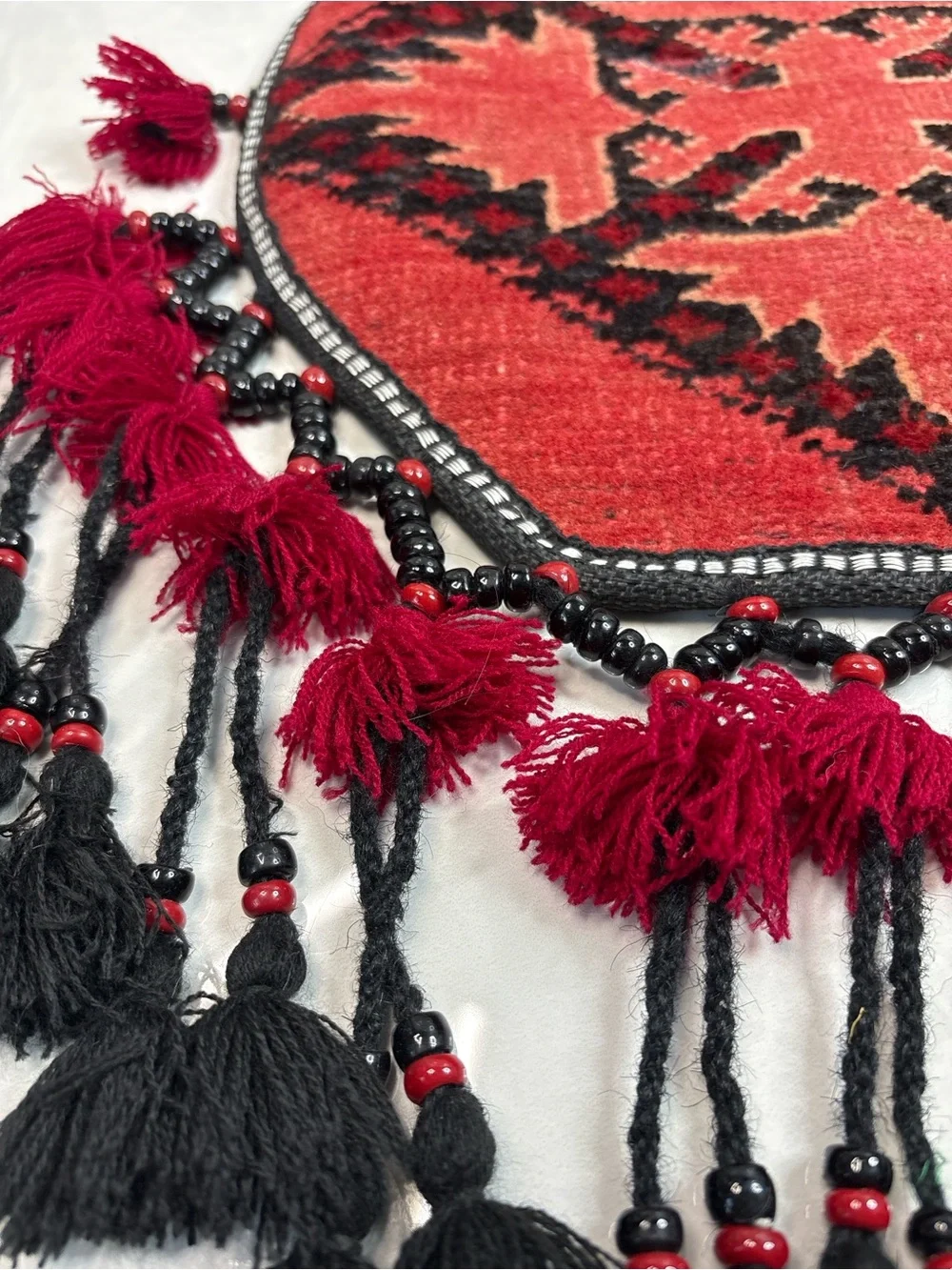 Vintage Tribal Textile Wall Hanging w/ Tassels & Beads – 32” x 14” Boho Decor